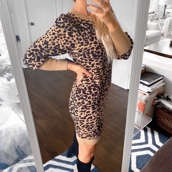 🐆 LOFT ANIMAL PRINT PUFF SLEEVE KNIT DRESS! - Picture 3 of 10